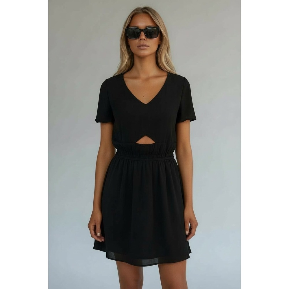 PRETTY GARDEN XL Black V Neck Cutout‎ Smocked Waist Ruffle Mini Dress
